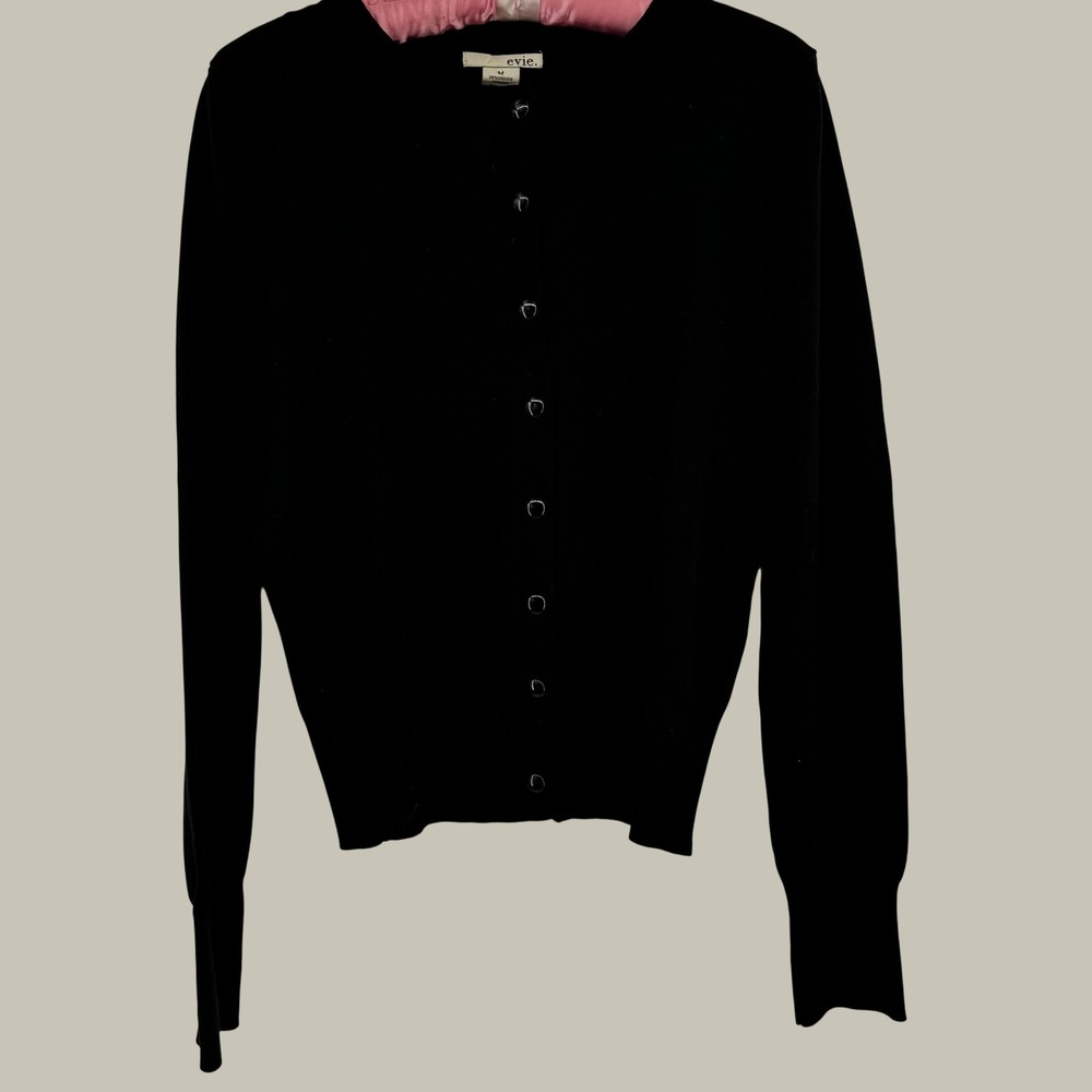 Evie Black Silk Blend Button Front Cardigan Sweater Women M Crew Neck Staple